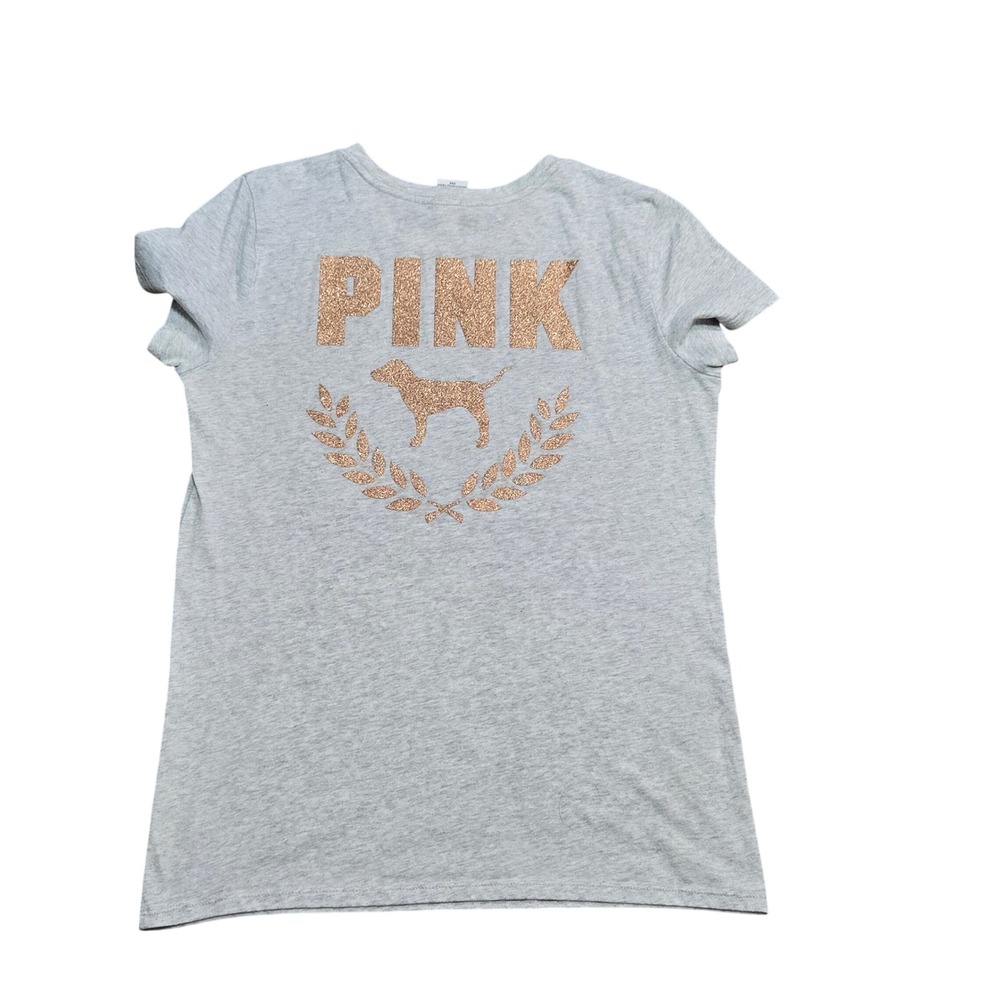 PINK Victoria's Secret Gray Rose Gold Glitter Logo Graphic Tee Shirt Medium